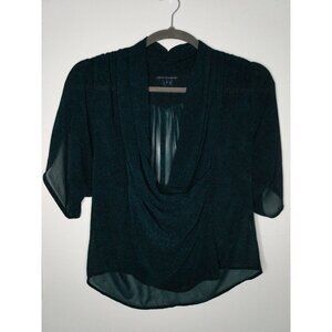 French Connection Sz 0 Blue Silk Blouse Semi Sheer 1/2 Sleeve Hand Beaded Rope